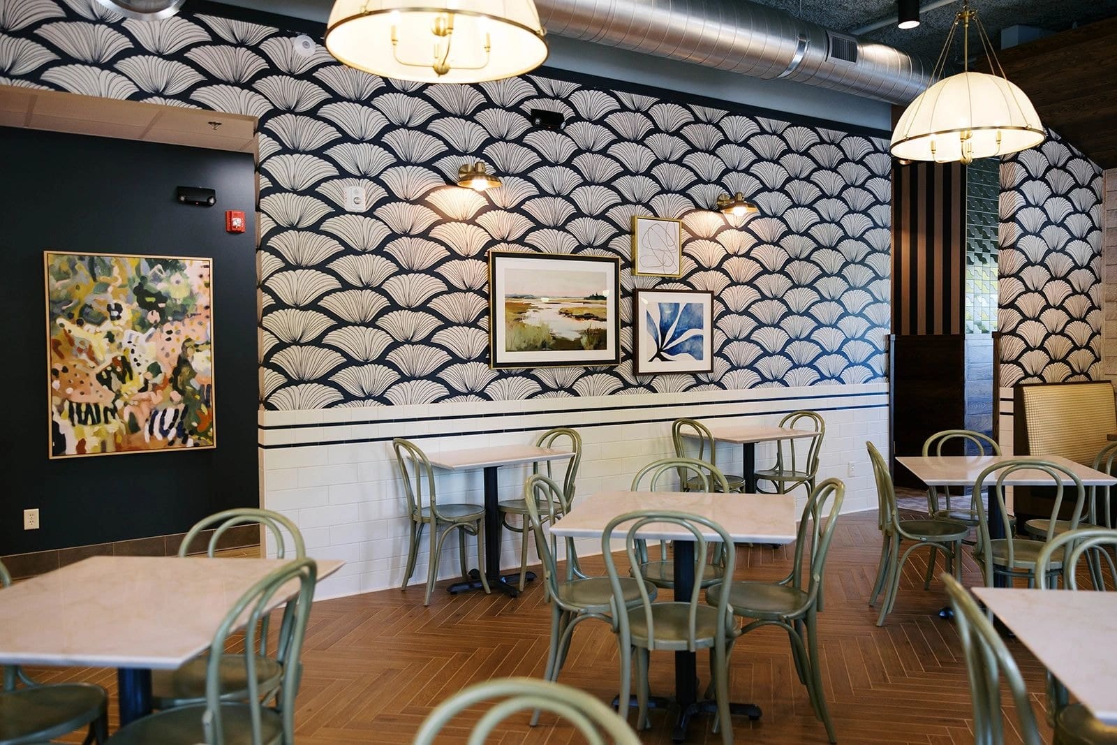 Warm restaurant interior with pendant lights